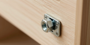 나무 가구 패널에 장착된 캠락과 금속 볼트의 근접 촬영 사진. 캠락에 화살표 방향 표시가 선명하게 보이며 부드러운 자연광이 비추고 있다.